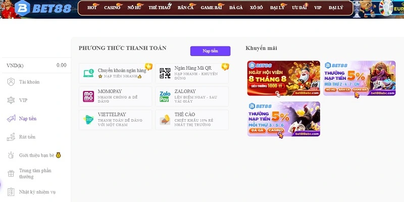 Đa dạng phương thức nạp tiền Bet88 thêm vốn cược tăng lợi nhuận